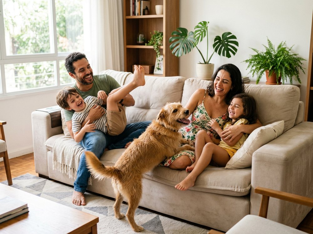 Família brincando com o cachorro em um sofá limpo e aconchegante (imagem ilustrativa)